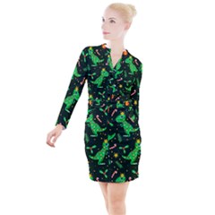 Christmas Funny Pattern Dinosaurs Button Long Sleeve Dress by Ket1n9