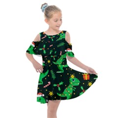 Christmas Funny Pattern Dinosaurs Kids  Shoulder Cutout Chiffon Dress by Ket1n9