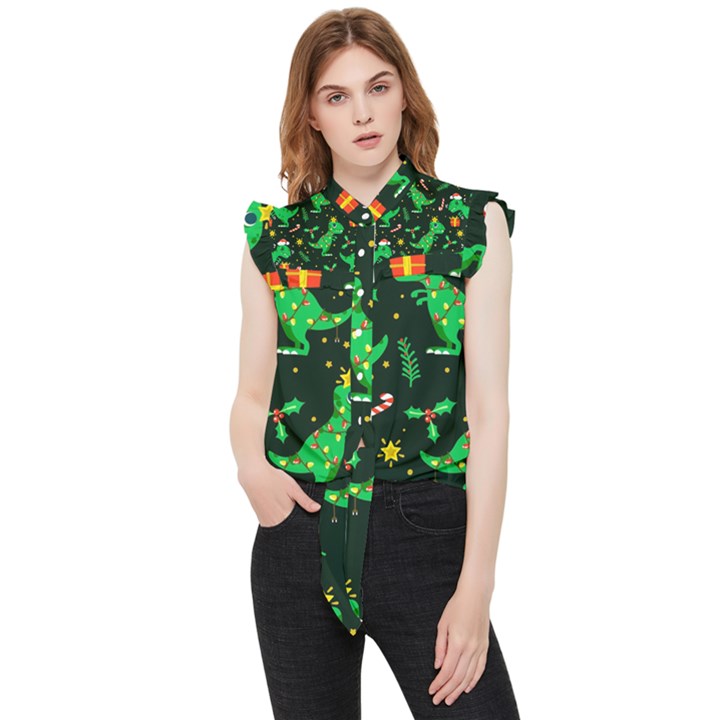 Christmas Funny Pattern Dinosaurs Frill Detail Shirt