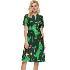 Christmas Funny Pattern Dinosaurs Button Top Knee Length Dress by Ket1n9