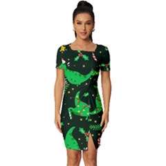 Christmas Funny Pattern Dinosaurs Fitted Knot Split End Bodycon Dress by Ket1n9