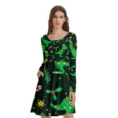 Christmas Funny Pattern Dinosaurs Long Sleeve Knee Length Skater Dress With Pockets