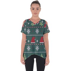 Beautiful Knitted Christmas Pattern Cut Out Side Drop T-shirt