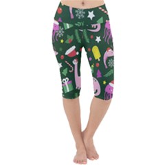 Dinosaur Colorful Funny Christmas Pattern Lightweight Velour Cropped Yoga Leggings by Ket1n9