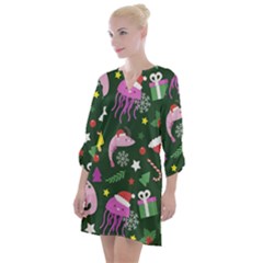 Dinosaur Colorful Funny Christmas Pattern Open Neck Shift Dress by Ket1n9