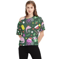 Dinosaur Colorful Funny Christmas Pattern One Shoulder Cut Out T-Shirt