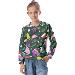 Dinosaur Colorful Funny Christmas Pattern Kids  Long Sleeve T-Shirt with Frill 