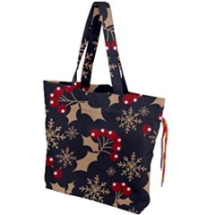 Christmas Pattern With Snowflakes Berries Drawstring Tote Bag by Ket1n9