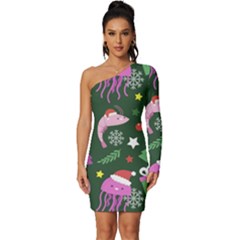 Dinosaur Colorful Funny Christmas Pattern Long Sleeve One Shoulder Mini Dress