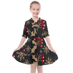 Christmas Pattern With Snowflakes Berries Kids  All Frills Chiffon Dress by Ket1n9