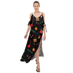 Christmas Pattern Texture Colorful Wallpaper Maxi Chiffon Cover Up Dress