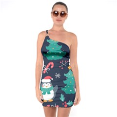 Colorful Funny Christmas Pattern One Shoulder Ring Trim Bodycon Dress