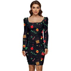 Christmas Pattern Texture Colorful Wallpaper Women Long Sleeve Ruched Stretch Jersey Dress