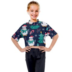 Colorful Funny Christmas Pattern Kids Mock Neck T-Shirt