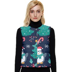 Colorful Funny Christmas Pattern Women s Button Up Puffer Vest
