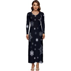 Christmas Snowflake Seamless Pattern With Tiled Falling Snow Long Sleeve Longline Maxi Dress