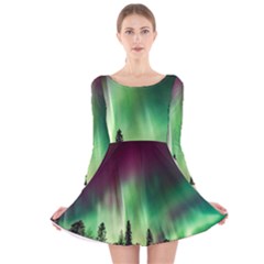 Aurora-borealis-northern-lights Long Sleeve Velvet Skater Dress by Ket1n9