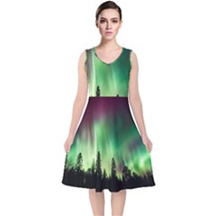 Aurora-borealis-northern-lights V-Neck Midi Sleeveless Dress 