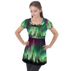 Aurora-borealis-northern-lights Puff Sleeve Tunic Top