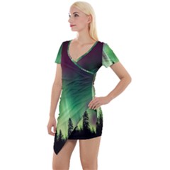 Aurora-borealis-northern-lights Short Sleeve Asymmetric Mini Dress