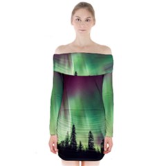 Aurora-borealis-northern-lights Long Sleeve Off Shoulder Dress