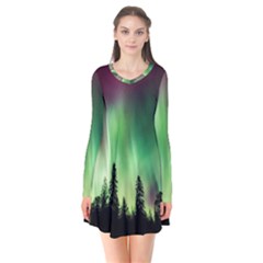 Aurora-borealis-northern-lights Long Sleeve V-neck Flare Dress