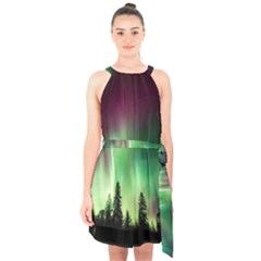 Aurora-borealis-northern-lights Halter Collar Waist Tie Chiffon Dress