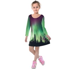 Aurora-borealis-northern-lights Kids  Long Sleeve Velvet Dress