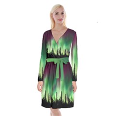 Aurora-borealis-northern-lights Long Sleeve Velvet Front Wrap Dress