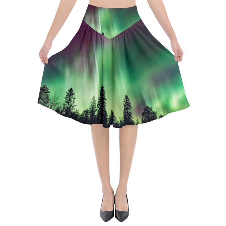 Aurora-borealis-northern-lights Flared Midi Skirt