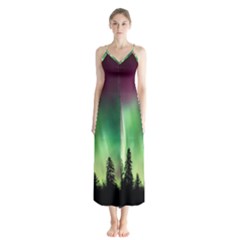 Aurora-borealis-northern-lights Button Up Chiffon Maxi Dress