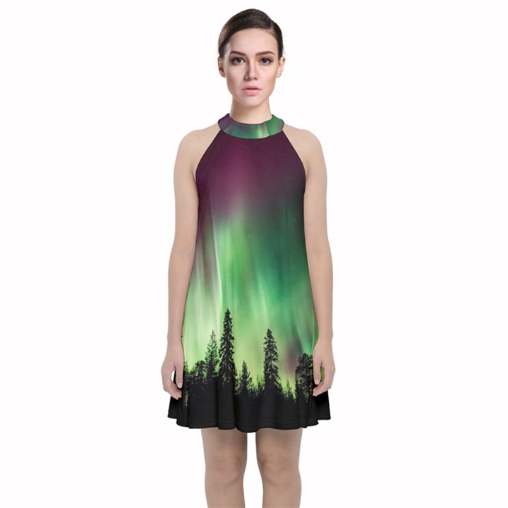 Aurora-borealis-northern-lights Velvet Halter Neckline Dress 
