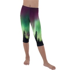 Aurora-borealis-northern-lights Kids  Lightweight Velour Capri Leggings 