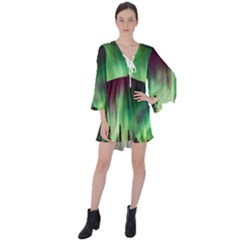 Aurora-borealis-northern-lights V-Neck Flare Sleeve Mini Dress