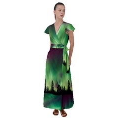 Aurora-borealis-northern-lights Flutter Sleeve Maxi Dress