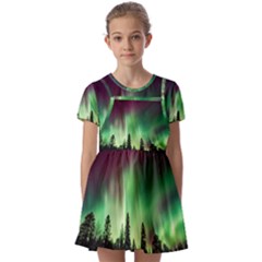 Aurora-borealis-northern-lights Kids  Short Sleeve Pinafore Style Dress