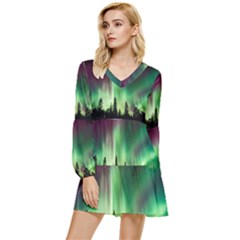 Aurora-borealis-northern-lights Tiered Long Sleeve Mini Dress