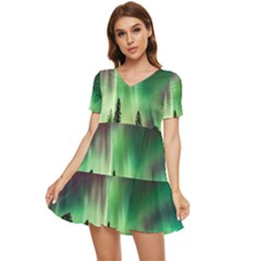 Aurora-borealis-northern-lights Tiered Short Sleeve Babydoll Dress