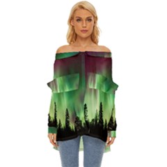 Aurora-borealis-northern-lights Off Shoulder Chiffon Pocket Shirt