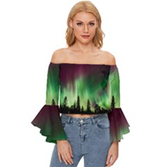 Aurora-borealis-northern-lights Off Shoulder Flutter Bell Sleeve Top