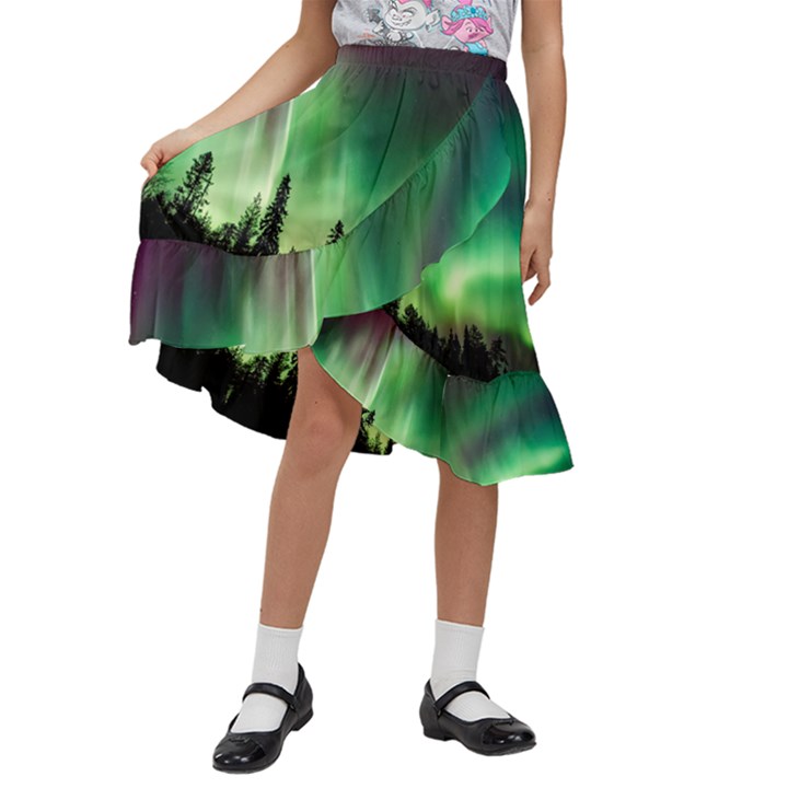 Aurora-borealis-northern-lights Kids  Ruffle Flared Wrap Midi Skirt