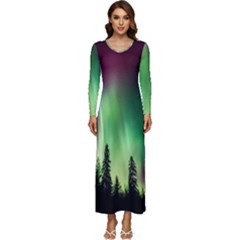 Aurora-borealis-northern-lights Long Sleeve Longline Maxi Dress