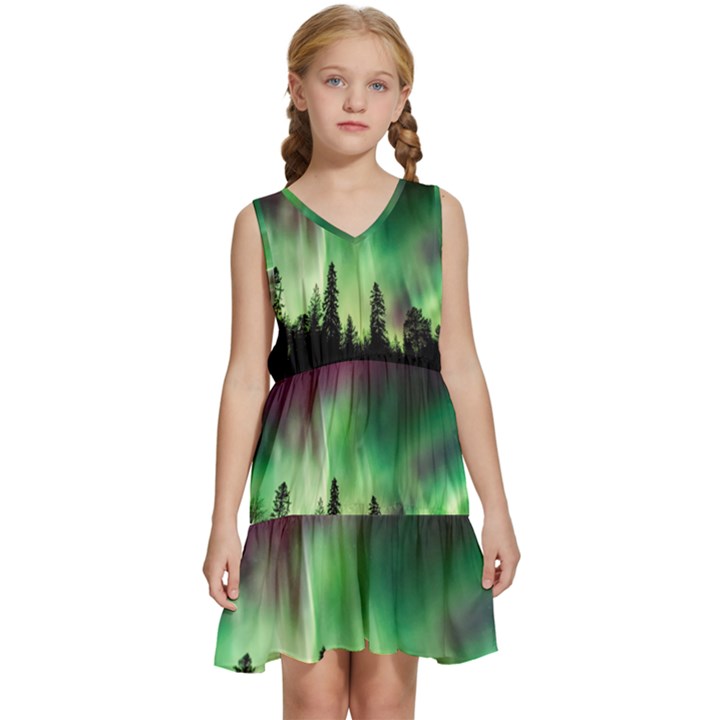 Aurora-borealis-northern-lights Kids  Sleeveless Tiered Mini Dress