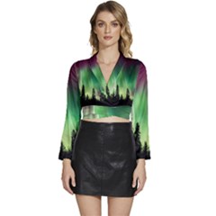 Aurora-borealis-northern-lights Long Sleeve Tie Back Satin Wrap Top