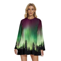 Aurora-borealis-northern-lights Round Neck Long Sleeve Bohemian Style Chiffon Mini Dress