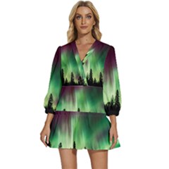 Aurora-borealis-northern-lights V-neck Placket Mini Dress