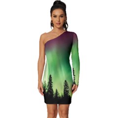 Aurora-borealis-northern-lights Long Sleeve One Shoulder Mini Dress
