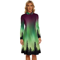Aurora-borealis-northern-lights Long Sleeve Shirt Collar A-Line Dress