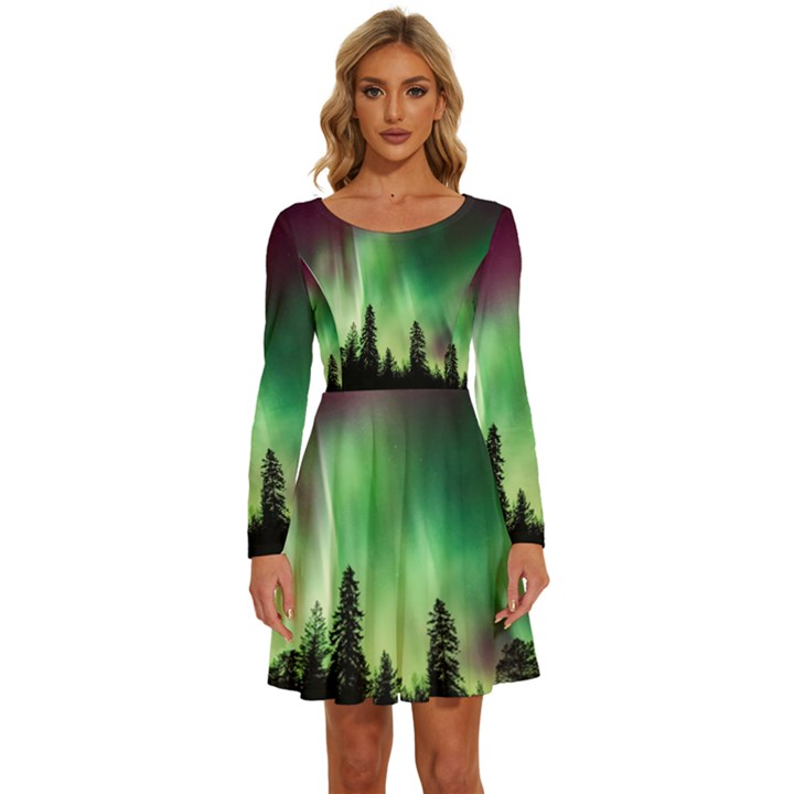 Aurora-borealis-northern-lights Long Sleeve Wide Neck Velvet Dress