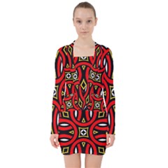 Traditional Art Pattern V-neck Bodycon Long Sleeve Dress by Ket1n9